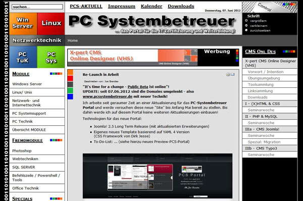Das alte Webportal PCS unter Subdomain pcsold.pcsystembetreuer.de