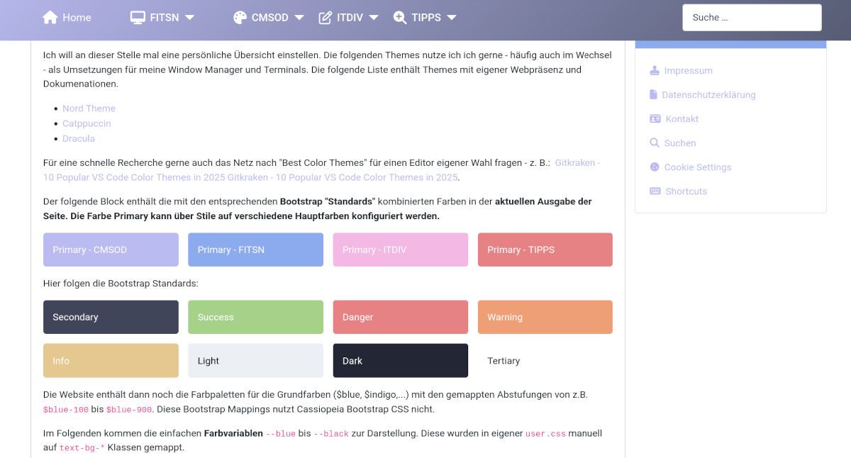 Stil Nord mit Hauptfarben für vier Site-Bereiche und Bootstrap Standards