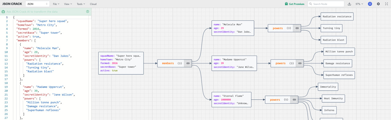 jsoncrack.com/editor - Grafische Aufbereitung von JSON Daten
