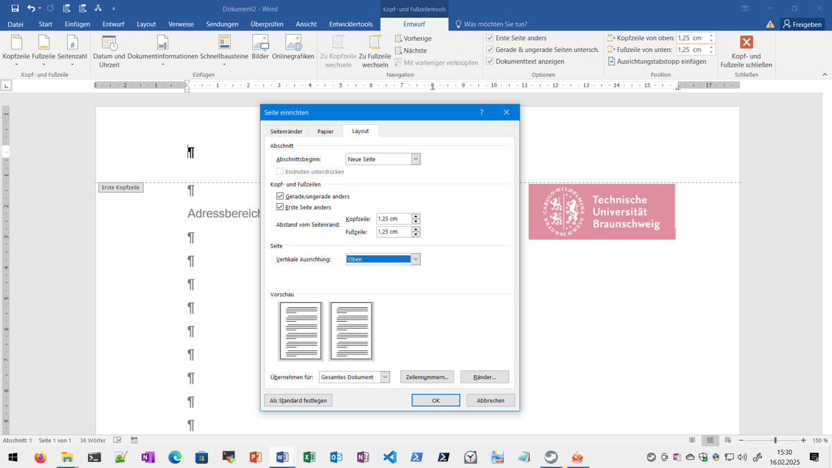 Kopf- und Fußzeilen in Word (Ansicht / Menüband)