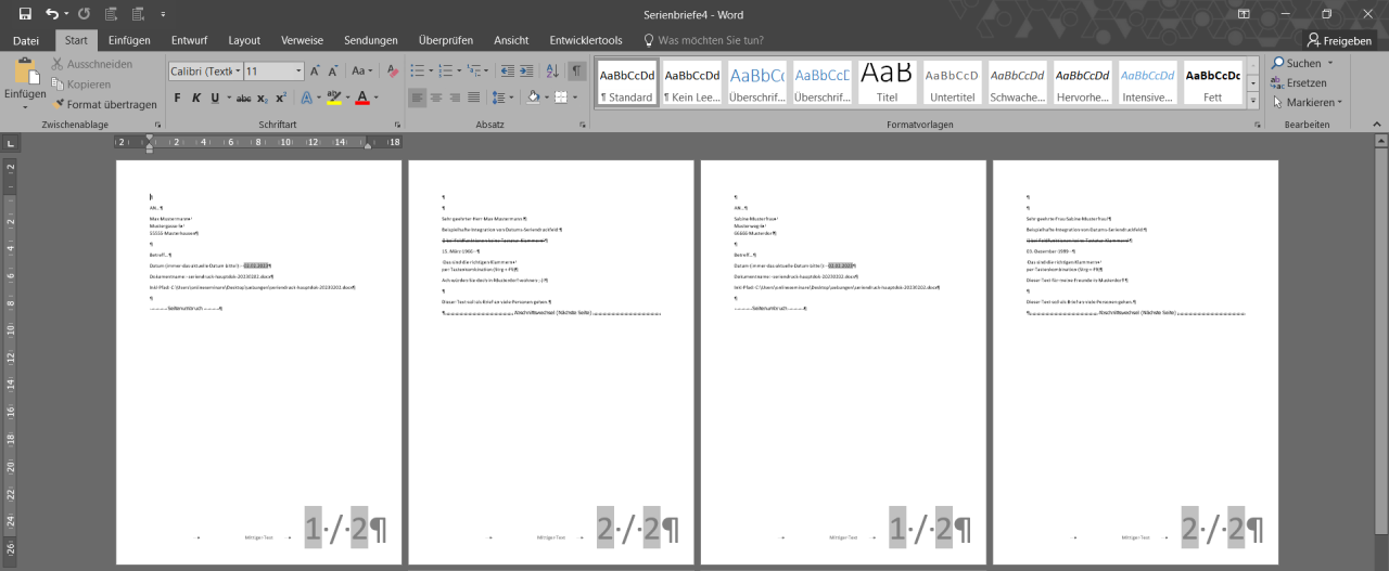 Serienbriefe (hier mit richtiger Nummerierung mittels Section Pages)
