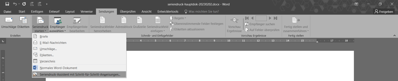 Seriendruck Assistent - Menüband Sendungen